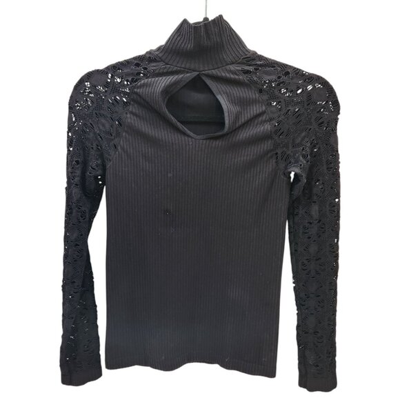 Free People Black Ribbed Mock Neck Keyhole Back Lace Sleeves Size Medium - Picture 4 of 5